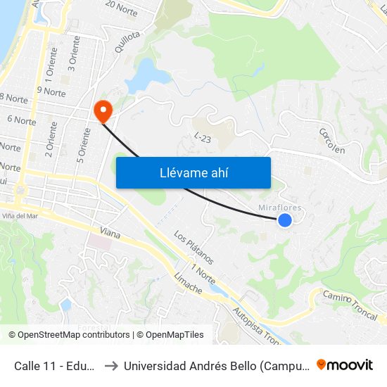 Calle 11 - Eduardo Frei to Universidad Andrés Bello (Campus Los Castaños) map