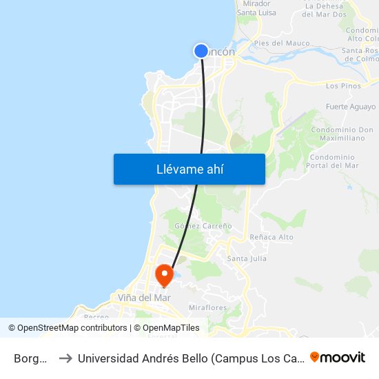 Borgoño to Universidad Andrés Bello (Campus Los Castaños) map