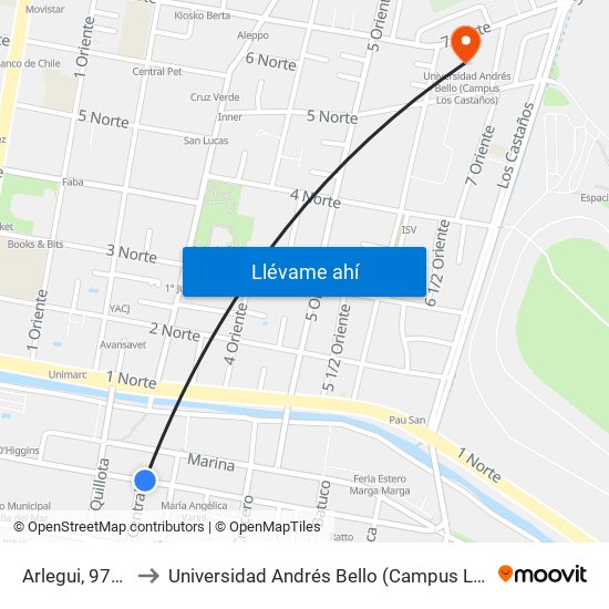 Arlegui, 971-989 to Universidad Andrés Bello (Campus Los Castaños) map