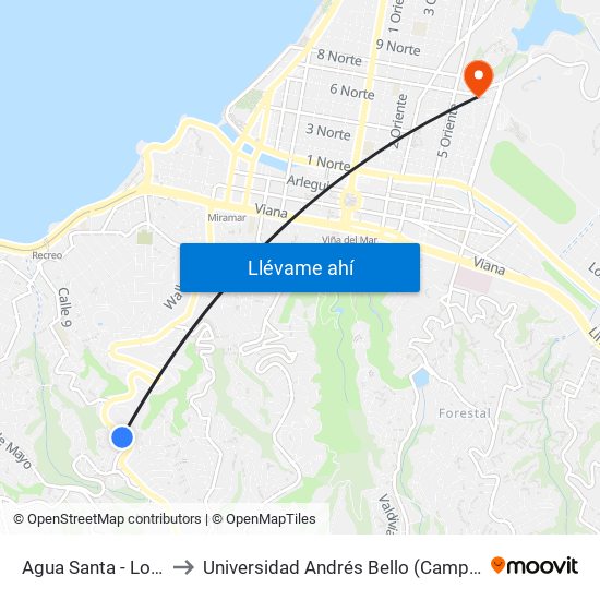 Agua Santa - Los Canelos to Universidad Andrés Bello (Campus Los Castaños) map