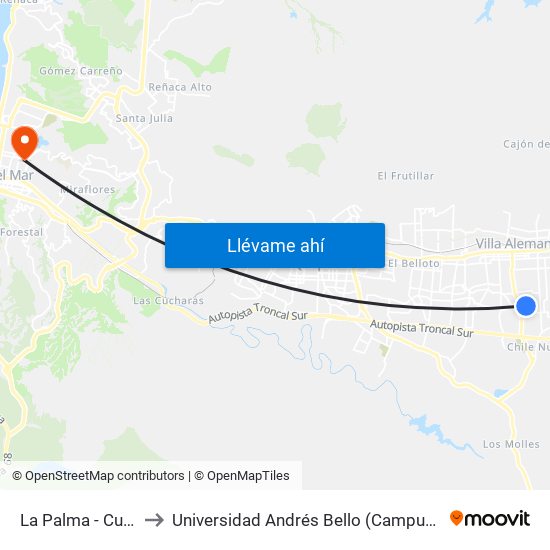 La Palma - Cuatro Sur to Universidad Andrés Bello (Campus Los Castaños) map