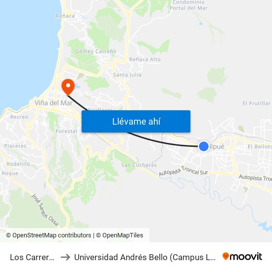 Los Carrera 277 to Universidad Andrés Bello (Campus Los Castaños) map