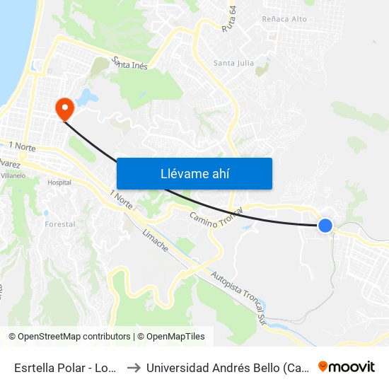 Esrtella Polar - Los Carrera / Sur to Universidad Andrés Bello (Campus Los Castaños) map