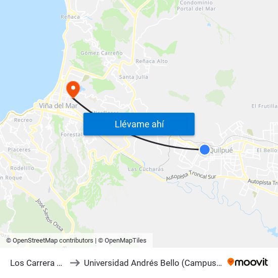 Los Carrera 15 / Sur to Universidad Andrés Bello (Campus Los Castaños) map