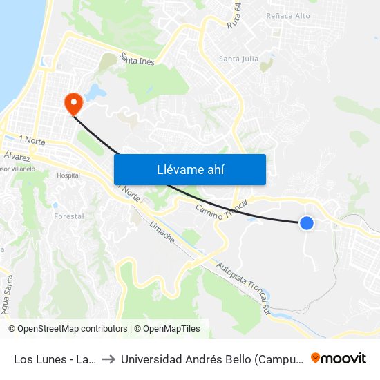 Los Lunes - Las Brisas to Universidad Andrés Bello (Campus Los Castaños) map