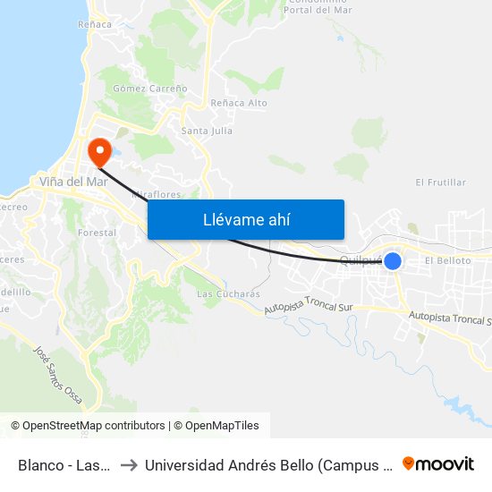 Blanco - Las Rosas to Universidad Andrés Bello (Campus Los Castaños) map