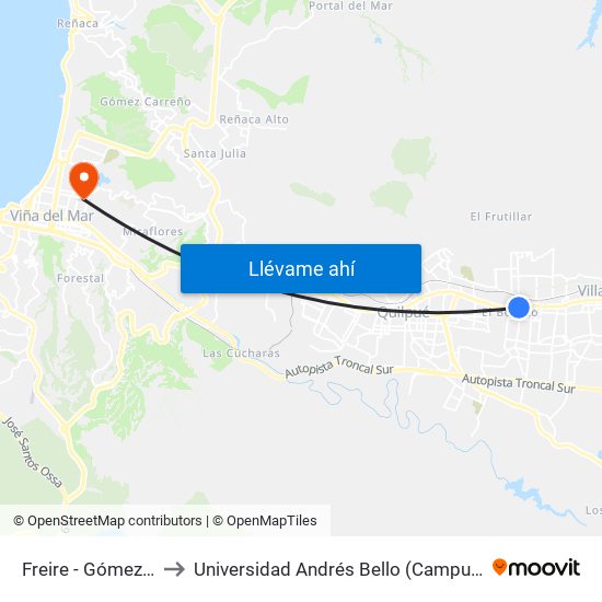 Freire - Gómez Carreño to Universidad Andrés Bello (Campus Los Castaños) map