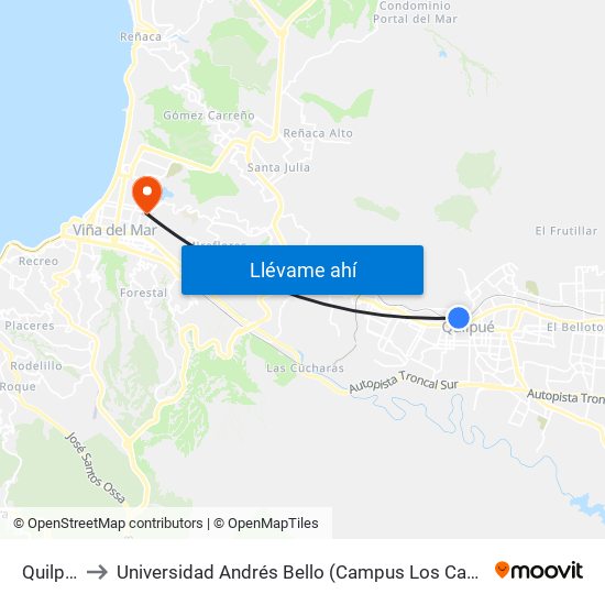 Quilpué to Universidad Andrés Bello (Campus Los Castaños) map