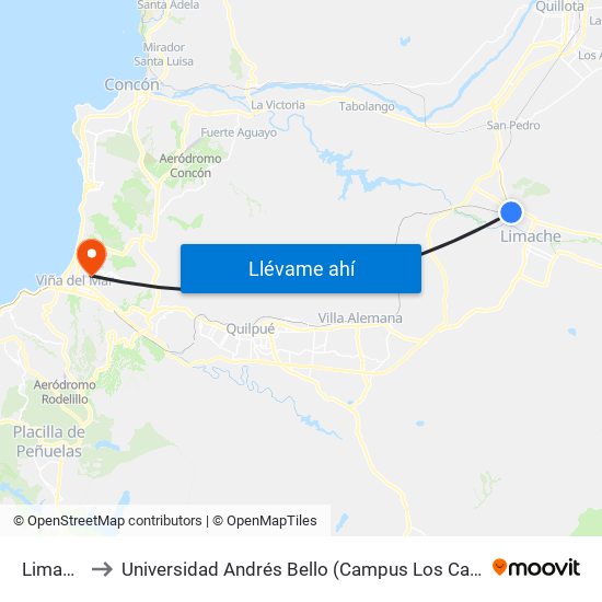 Limache to Universidad Andrés Bello (Campus Los Castaños) map