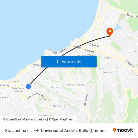 Sta Justina - Morse to Universidad Andrés Bello (Campus Los Castaños) map