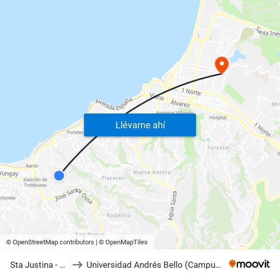 Sta Justina - Sta Ines to Universidad Andrés Bello (Campus Los Castaños) map