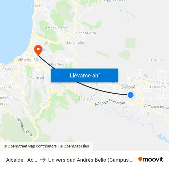 Alcalde - Acaceas to Universidad Andrés Bello (Campus Los Castaños) map