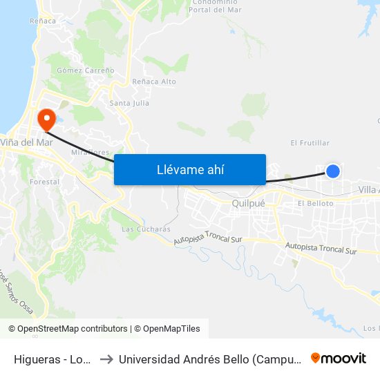 Higueras - Los Olmos to Universidad Andrés Bello (Campus Los Castaños) map