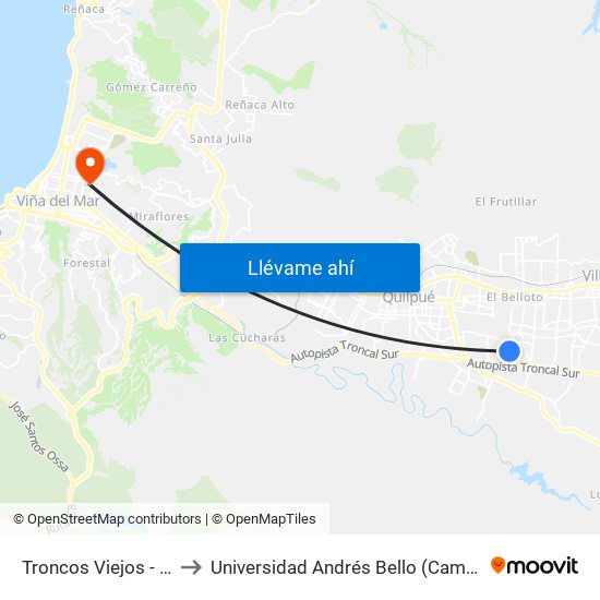 Troncos Viejos - Las Lomas to Universidad Andrés Bello (Campus Los Castaños) map