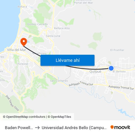 Baden Powell - Freire to Universidad Andrés Bello (Campus Los Castaños) map