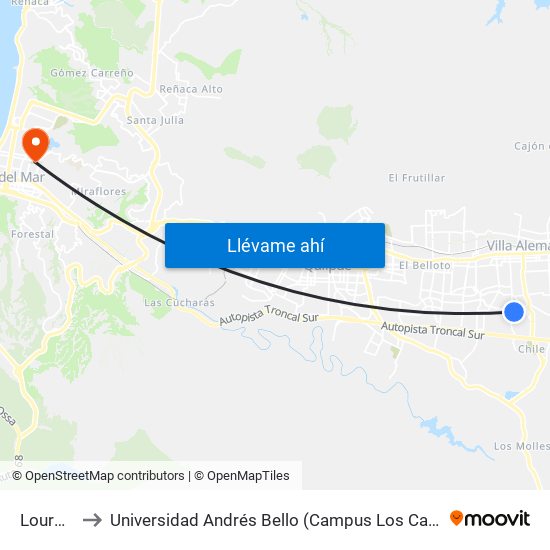 Lourdes to Universidad Andrés Bello (Campus Los Castaños) map