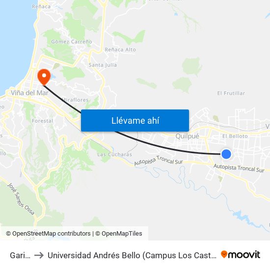 Garita to Universidad Andrés Bello (Campus Los Castaños) map