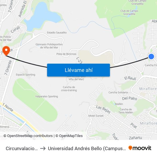 Circunvalacion - Pelu to Universidad Andrés Bello (Campus Los Castaños) map