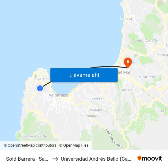 Sold Barrera - Santos Tornero to Universidad Andrés Bello (Campus Los Castaños) map