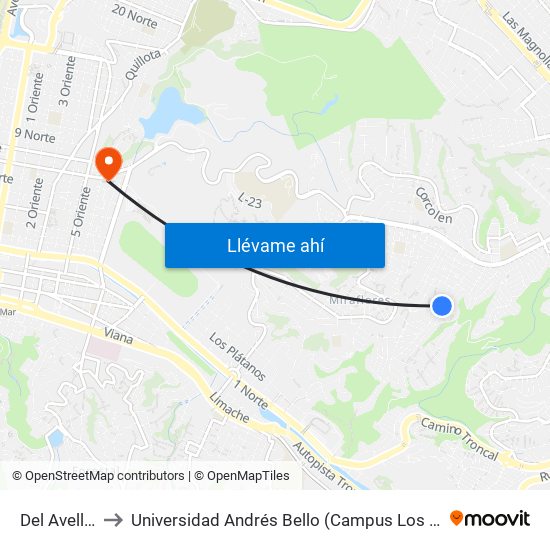 Del Avellano to Universidad Andrés Bello (Campus Los Castaños) map