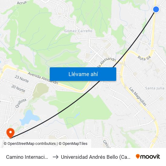 Camino Internacional / Oriente to Universidad Andrés Bello (Campus Los Castaños) map