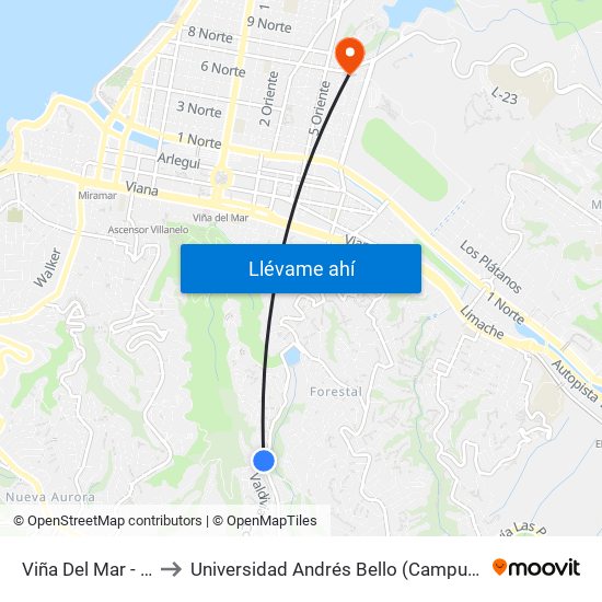 Viña Del Mar - Valdivia to Universidad Andrés Bello (Campus Los Castaños) map