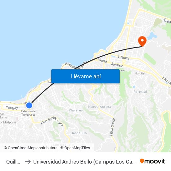 Quillota to Universidad Andrés Bello (Campus Los Castaños) map