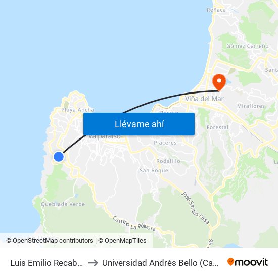 Luis Emilio Recabarren Oriente to Universidad Andrés Bello (Campus Los Castaños) map