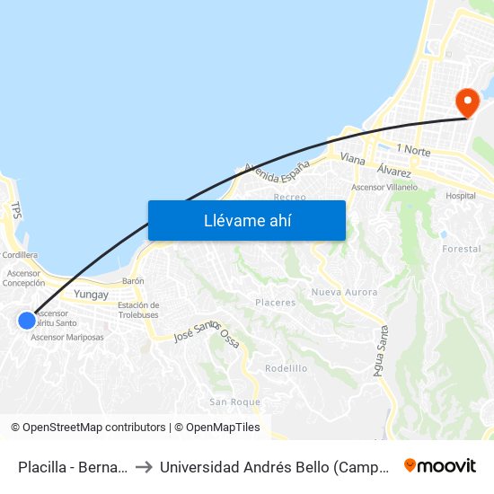 Placilla - Bernardo Vera to Universidad Andrés Bello (Campus Los Castaños) map