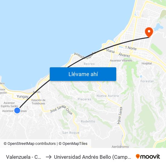 Valenzuela - Calle Cinco to Universidad Andrés Bello (Campus Los Castaños) map