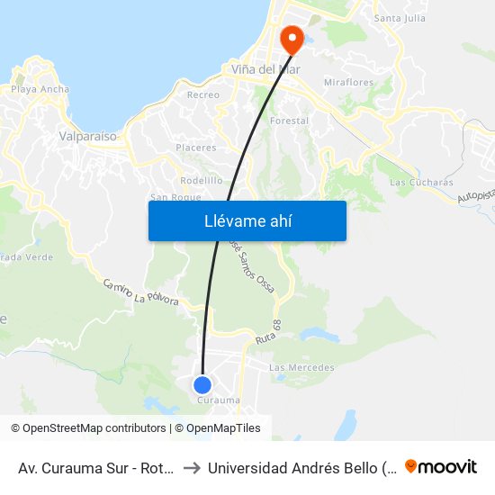 Av. Curauma Sur - Rotonda Obispo Valdes to Universidad Andrés Bello (Campus Los Castaños) map