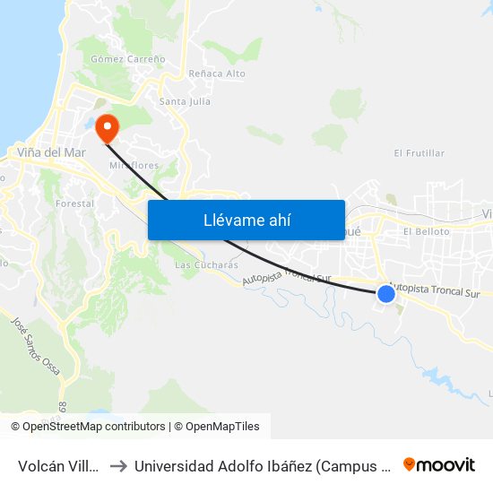 Volcán Villarrica to Universidad Adolfo Ibáñez (Campus Viña Del Mar) map