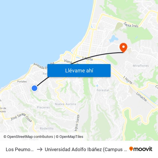 Los Peumos, 702 to Universidad Adolfo Ibáñez (Campus Viña Del Mar) map