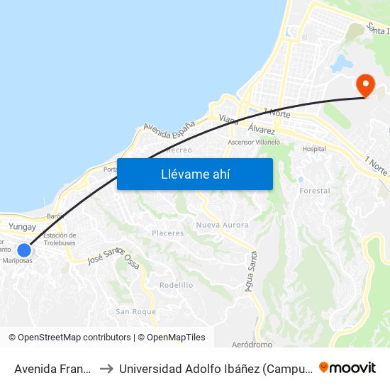 Avenida Francia, 786 to Universidad Adolfo Ibáñez (Campus Viña Del Mar) map