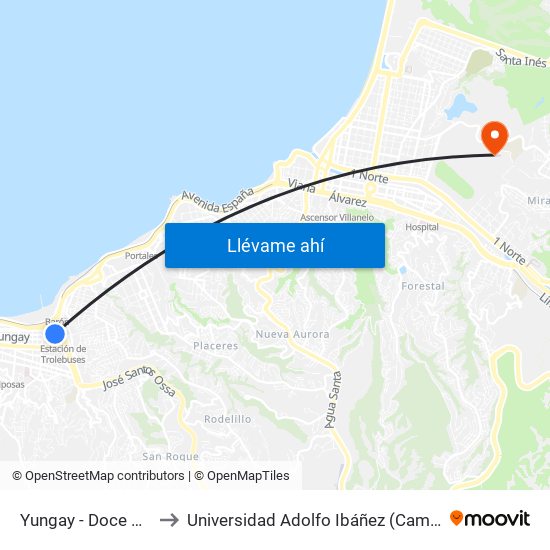 Yungay - Doce De Febrero to Universidad Adolfo Ibáñez (Campus Viña Del Mar) map