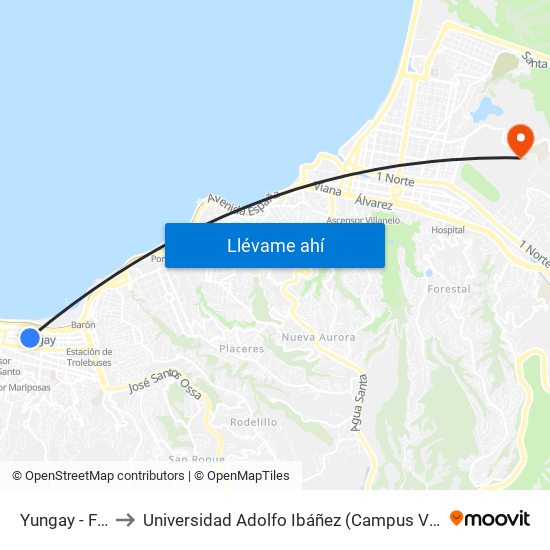 Yungay - Freire to Universidad Adolfo Ibáñez (Campus Viña Del Mar) map