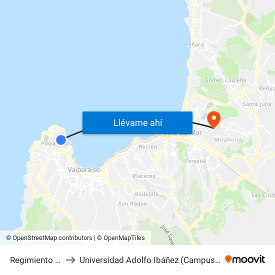 Regimiento Maipo to Universidad Adolfo Ibáñez (Campus Viña Del Mar) map