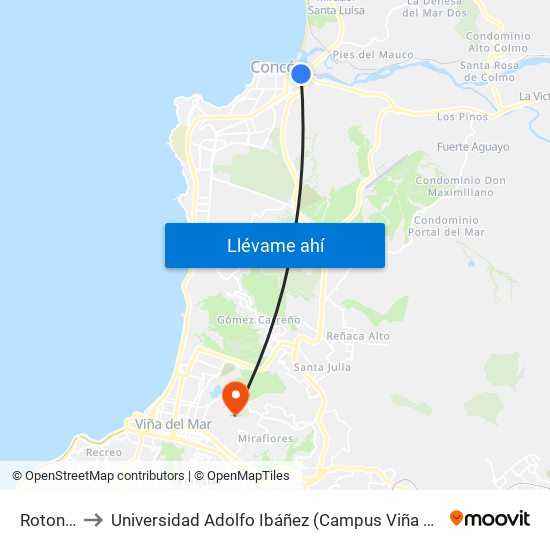 Rotonda to Universidad Adolfo Ibáñez (Campus Viña Del Mar) map