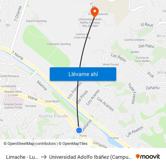 Limache - Lusitania to Universidad Adolfo Ibáñez (Campus Viña Del Mar) map