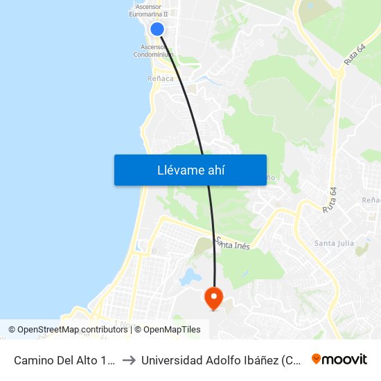 Camino Del Alto 1555 / Oriente to Universidad Adolfo Ibáñez (Campus Viña Del Mar) map