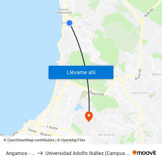 Angamos - Lynch to Universidad Adolfo Ibáñez (Campus Viña Del Mar) map