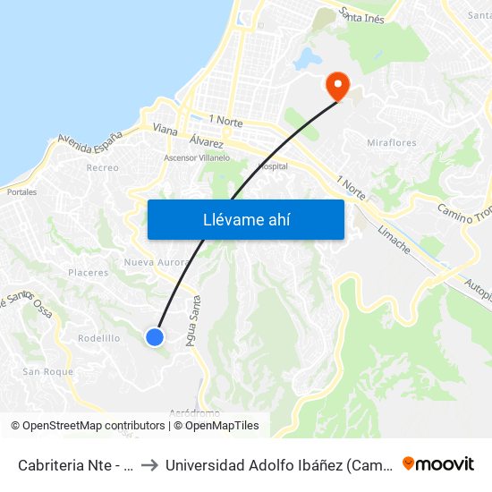 Cabriteria Nte - El Huilmo to Universidad Adolfo Ibáñez (Campus Viña Del Mar) map