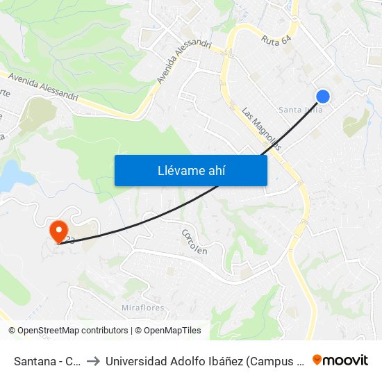 Santana - Calle A to Universidad Adolfo Ibáñez (Campus Viña Del Mar) map
