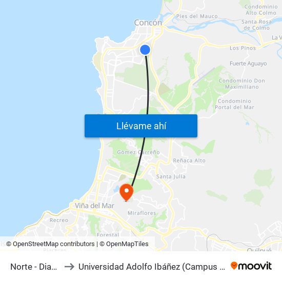 Norte - Diamante to Universidad Adolfo Ibáñez (Campus Viña Del Mar) map