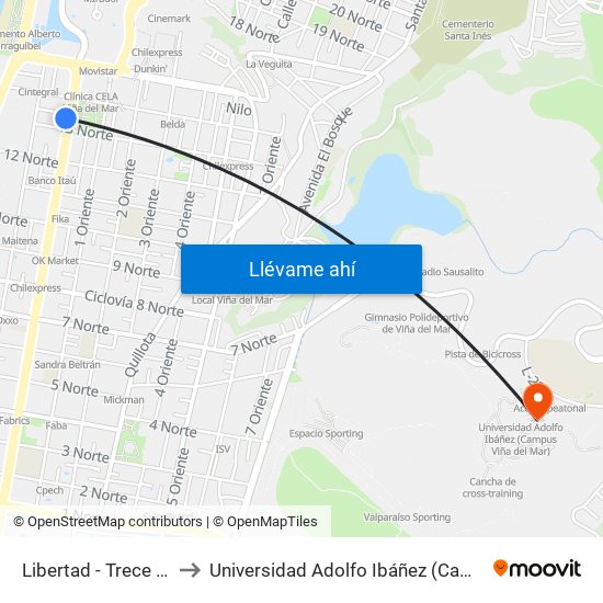 Libertad - Trece 1 / 2 Norte to Universidad Adolfo Ibáñez (Campus Viña Del Mar) map