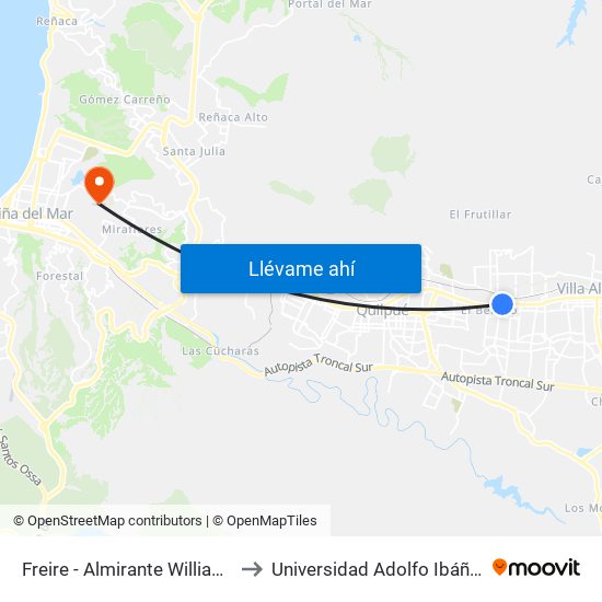 Freire - Almirante Williams Rebolledo Santa Isabel to Universidad Adolfo Ibáñez (Campus Viña Del Mar) map