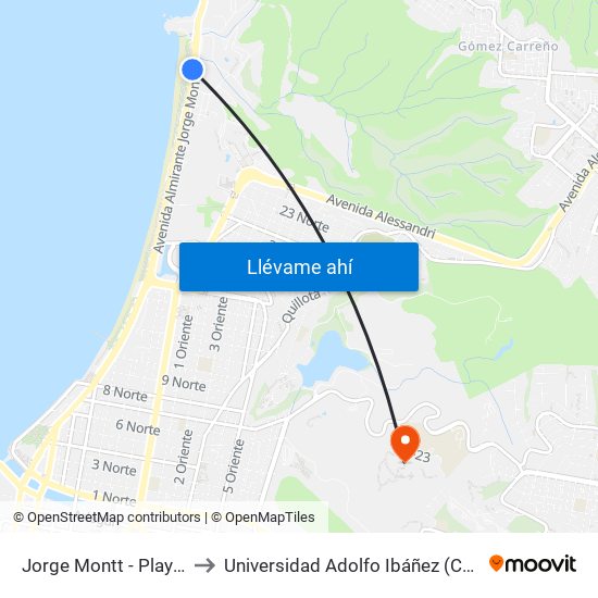 Jorge Montt - Playa Del Deporte to Universidad Adolfo Ibáñez (Campus Viña Del Mar) map