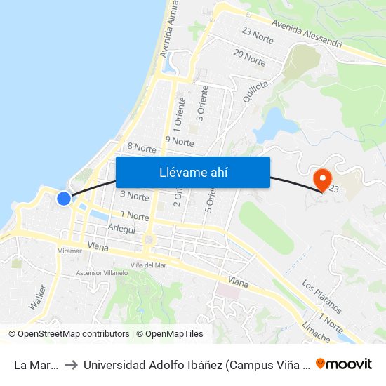 La Marina to Universidad Adolfo Ibáñez (Campus Viña Del Mar) map