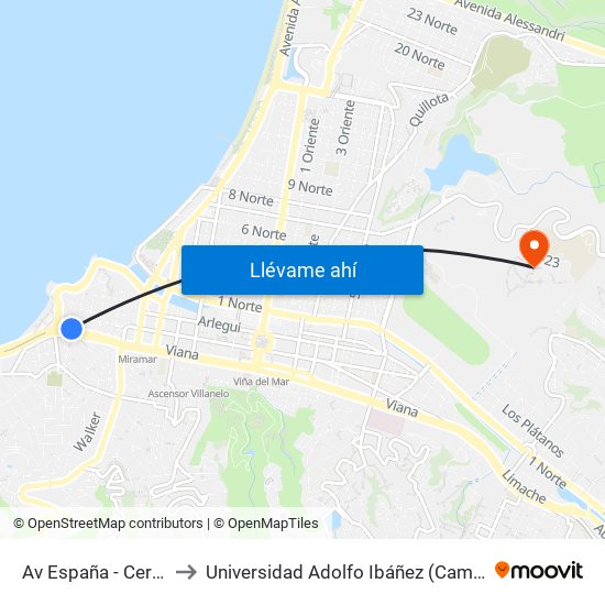 Av España - Cerro Castillo to Universidad Adolfo Ibáñez (Campus Viña Del Mar) map