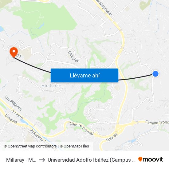 Millaray - Millaray to Universidad Adolfo Ibáñez (Campus Viña Del Mar) map